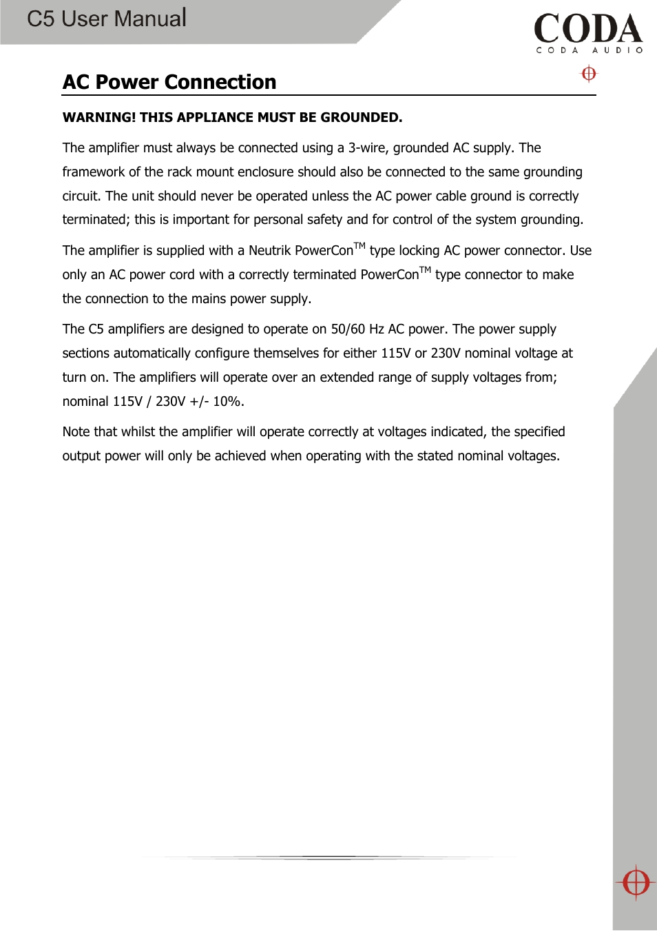 Ac power connection | Coda Audio C5 User Manual | Page 9 / 33
