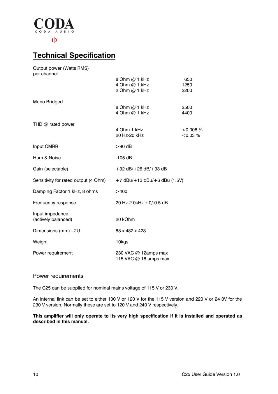 Technical specification, Power requirements | Coda Audio C25 User Manual | Page 10 / 12