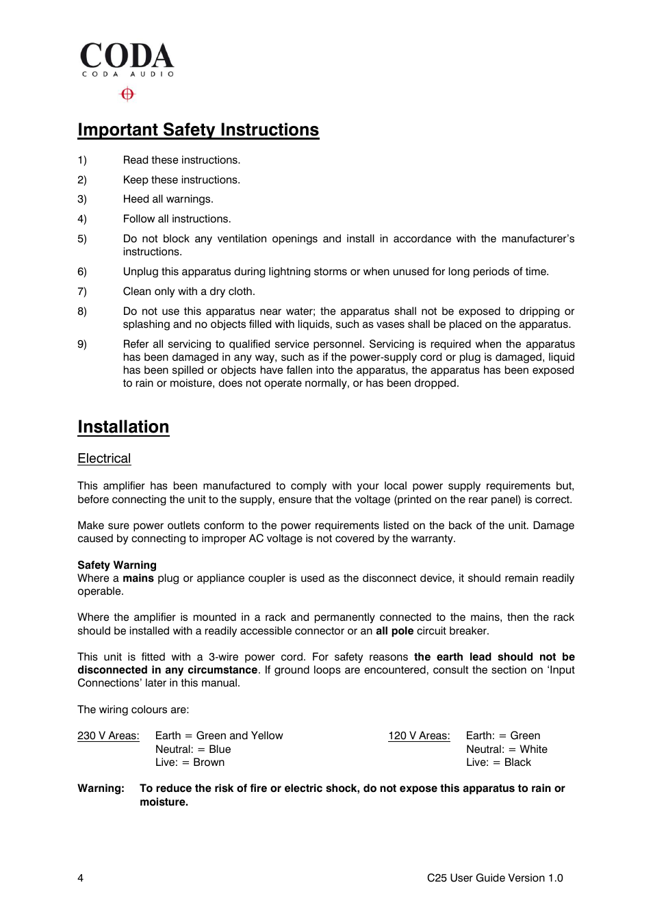 Important safety instructions, Installation, Electrical | Coda Audio C25 User Manual | Page 4 / 12