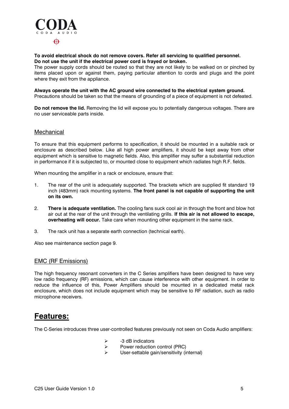 Features, Mechanical, Emc (rf emissions) | Coda Audio C25 User Manual | Page 5 / 12