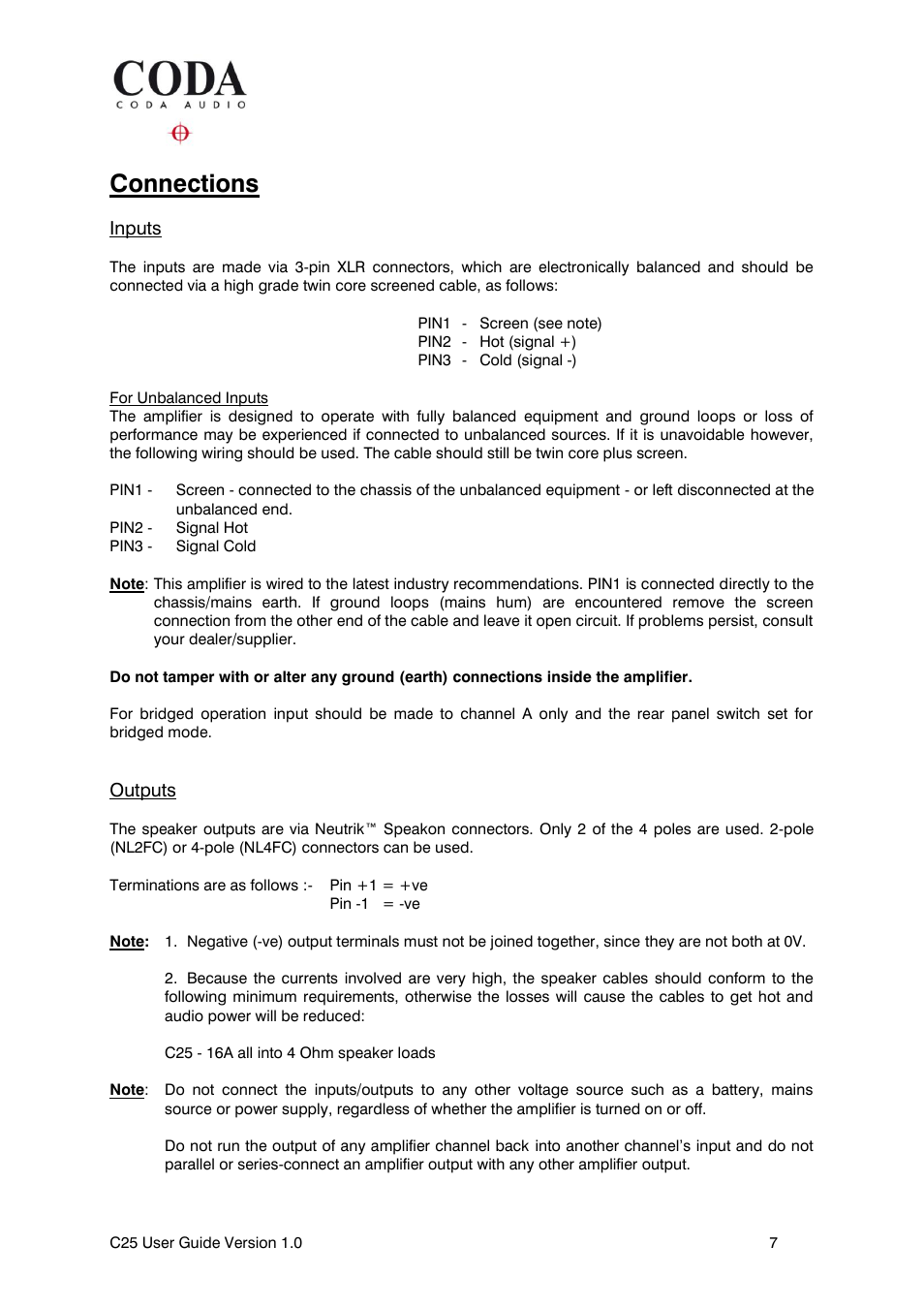 Connections, Inputs, Outputs | Coda Audio C25 User Manual | Page 7 / 12