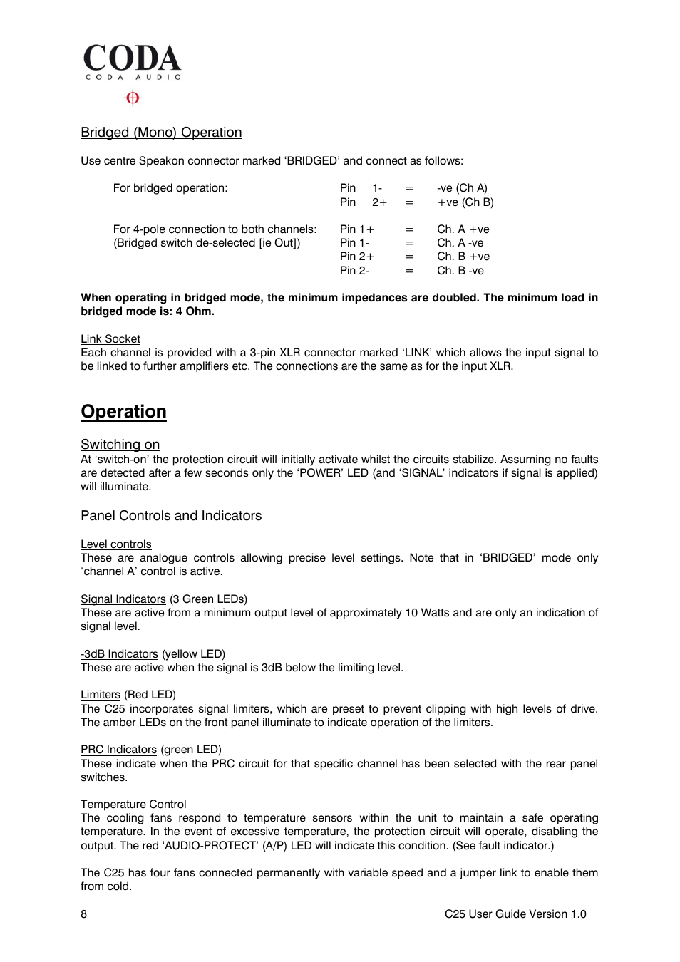 Operation, Bridged (mono) operation, Switching on | Panel controls and indicators | Coda Audio C25 User Manual | Page 8 / 12