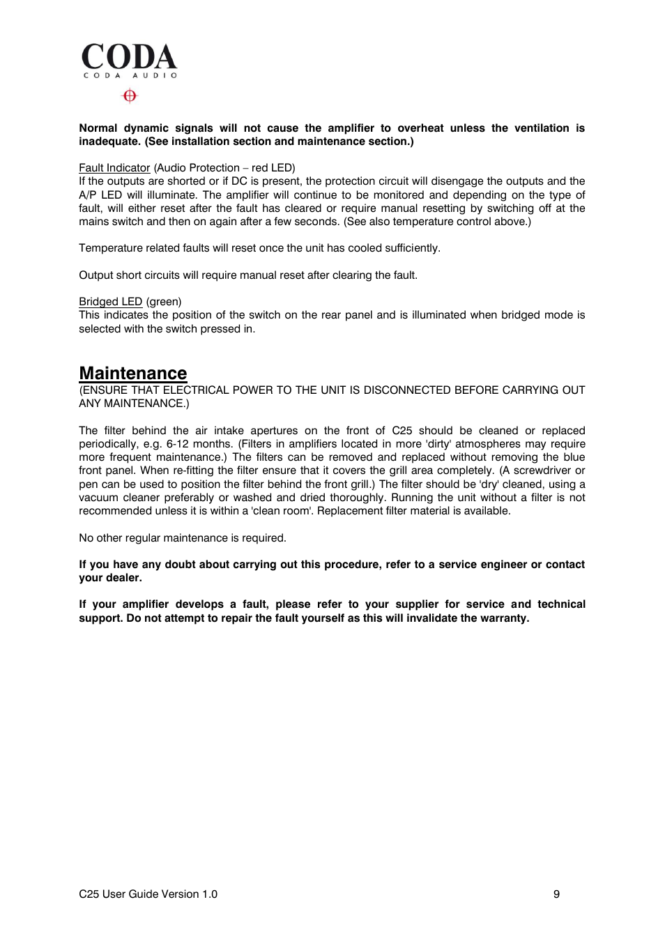 Maintenance | Coda Audio C25 User Manual | Page 9 / 12