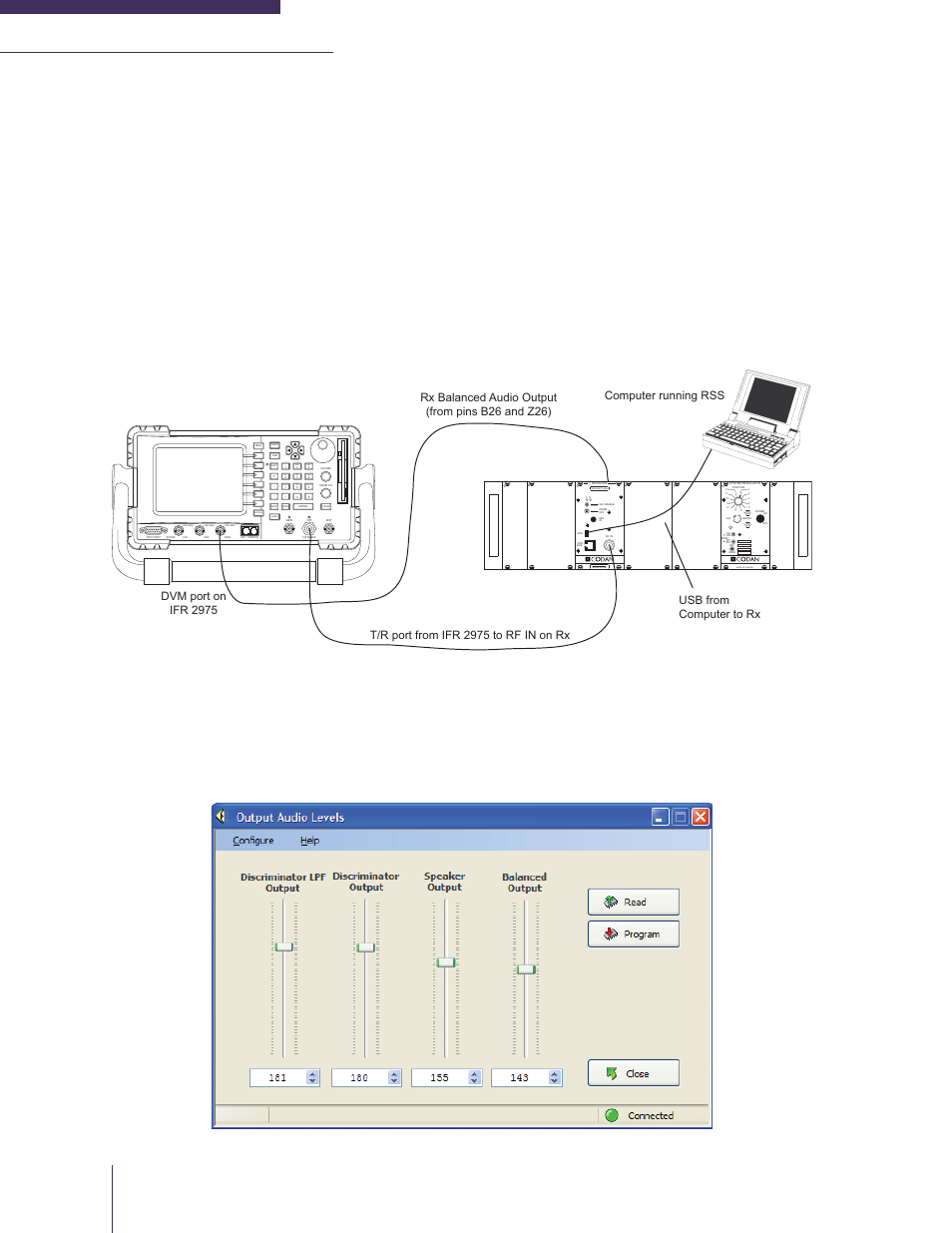 Audio level, Figure 5-7: receiver analog audio testing, Figure 5-8: rss receiver audio level adjustment | Made in canada, Frequency (mhz) made in canada model # code, Return, Def jkl mno ghi, Tuv wxyz pqrs, Dvm port on ifr 2975 | Codan Radio MT-4E Analog and P25 Digital - Maintenance Guide User Manual | Page 34 / 76
