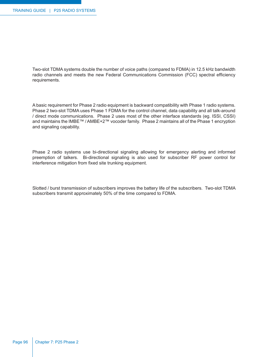 Benefits of p25 phase 2, Spectrum effi ciency, Backwards compatibility | Enhanced functionality, Subscriber power savings for battery life | Codan Radio P25 Training Guide User Manual | Page 104 / 120