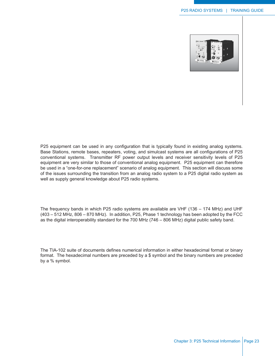 Chapter 3: p25 technical information, Analog to p25 transition, P25 frequency bands | Hexadecimal and binary numbering | Codan Radio P25 Training Guide User Manual | Page 31 / 120