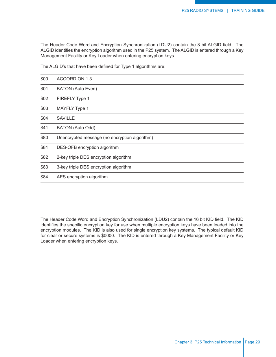 Algorithm id (algid), Key id (kid) | Codan Radio P25 Training Guide User Manual | Page 37 / 120
