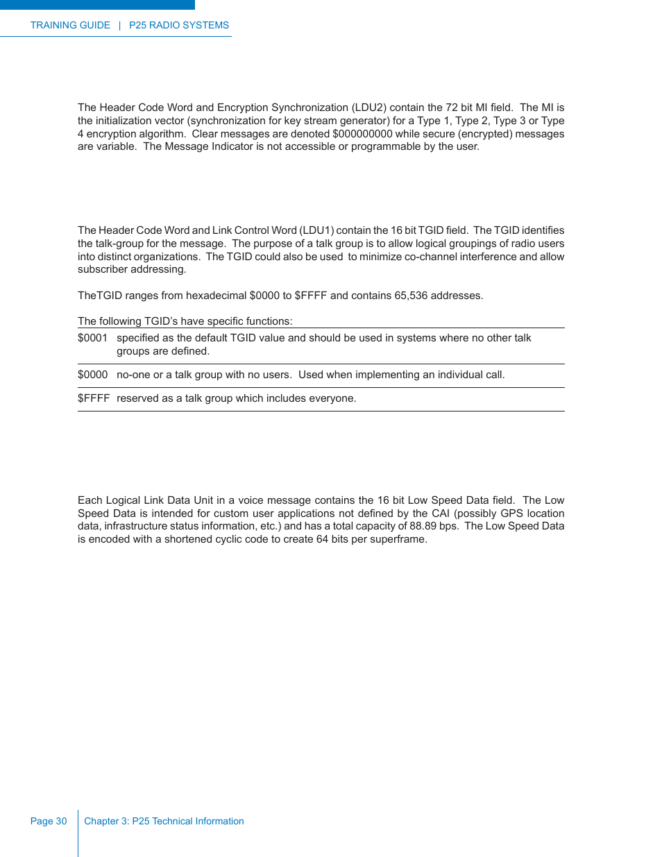 Message indicator (mi), Talk-group id (tgid), Low speed data | Codan Radio P25 Training Guide User Manual | Page 38 / 120