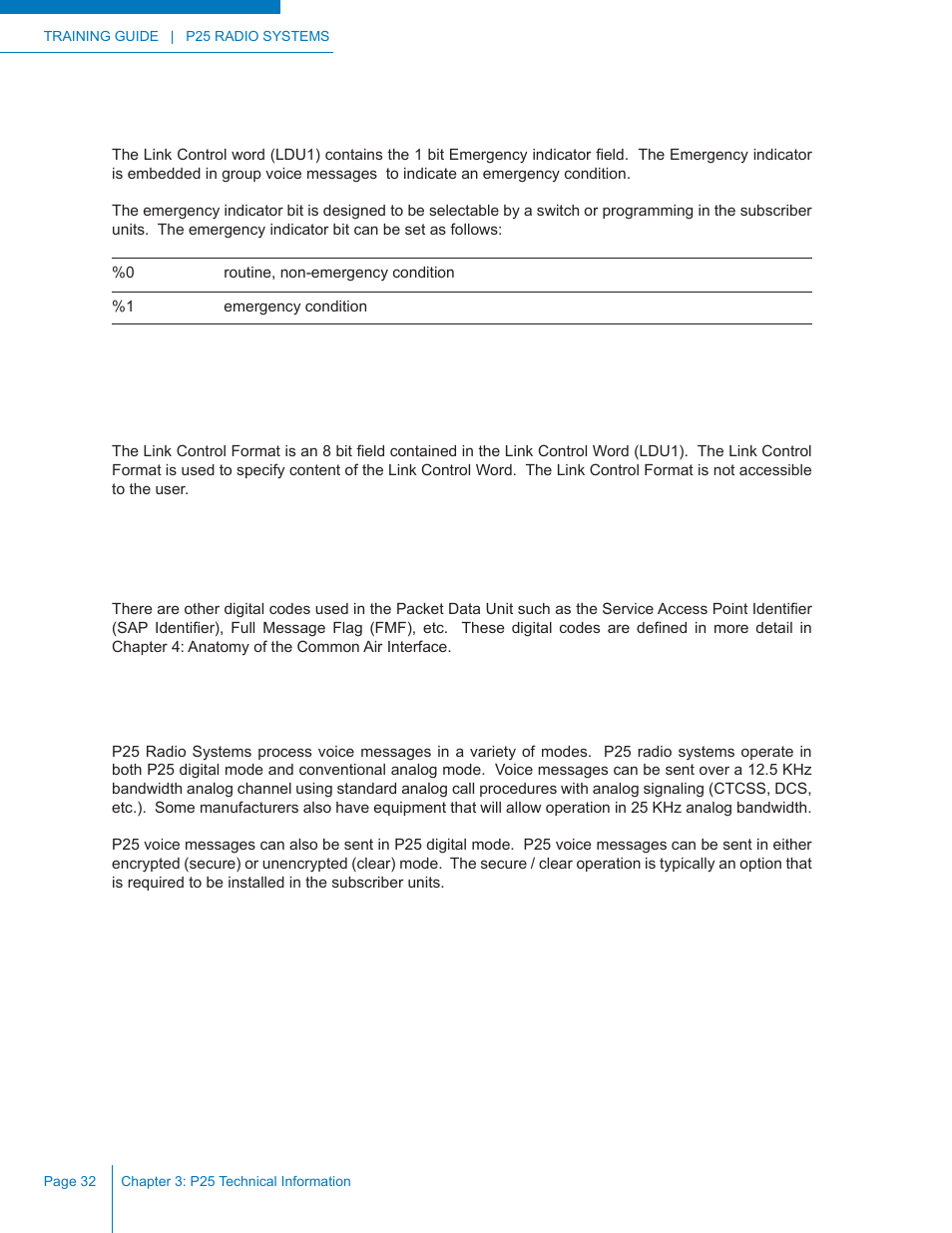 P25 voice message options, Emergency indicator, Link control format | Packet data unit digital codes | Codan Radio P25 Training Guide User Manual | Page 40 / 120