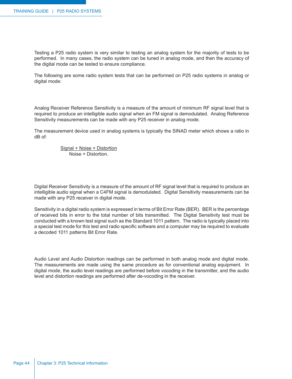 P25 radio system performance testing, Analog receiver reference sensitivity, Digital receiver sensitivity (ber) | Audio levels and distortion | Codan Radio P25 Training Guide User Manual | Page 52 / 120