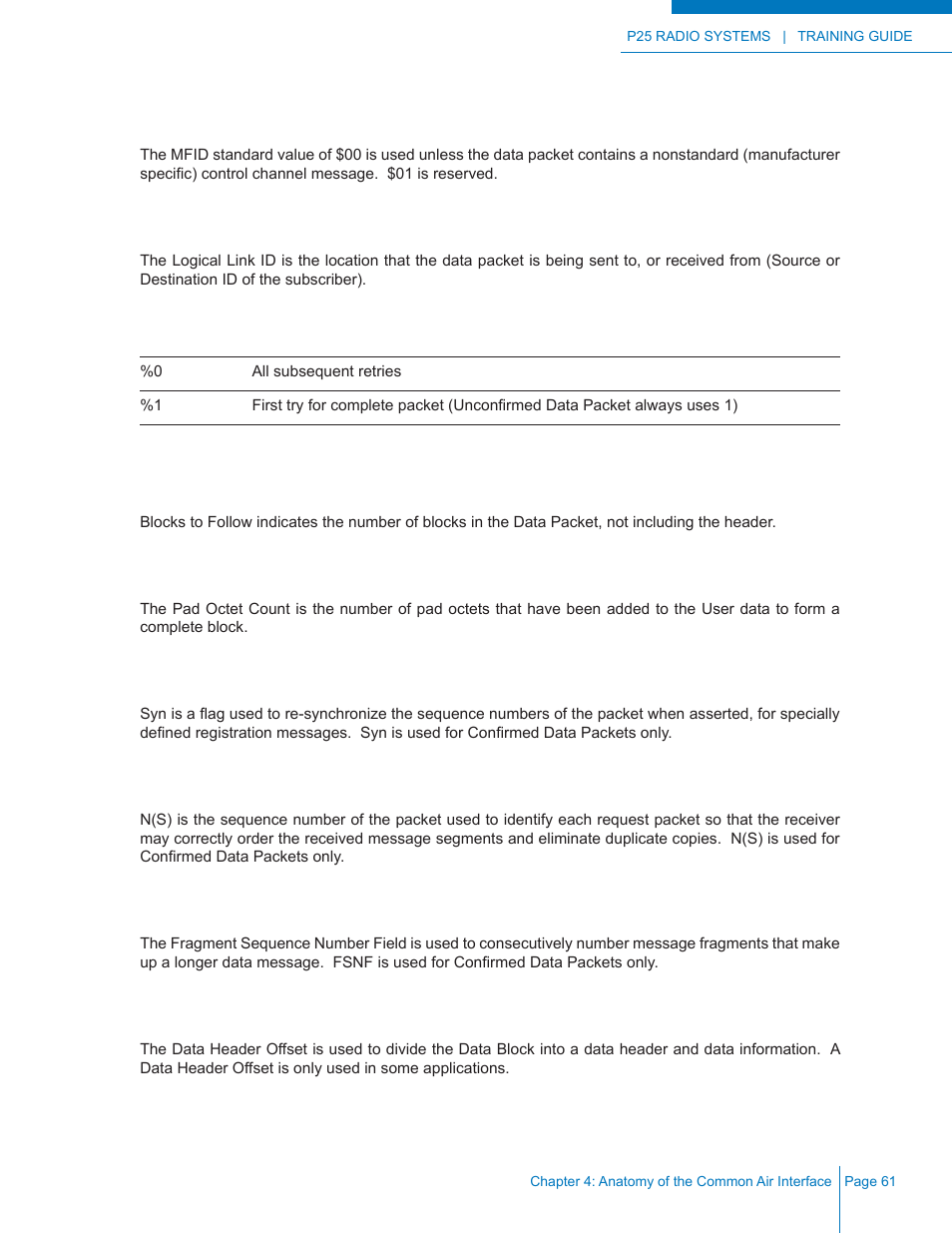 Manufacturer’s id (mfid), Logical link id, Full message flag (fmf) | Blocks to follow, Pad octet count, N(s), Fsnf, Data header offset | Codan Radio P25 Training Guide User Manual | Page 69 / 120