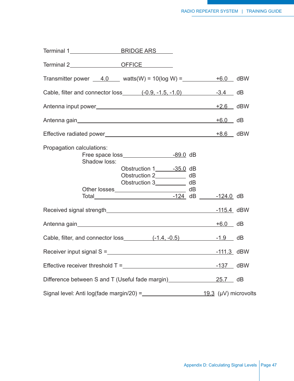 Path calculation worksheet | Codan Radio Radio Repeater Systems Training Guide User Manual | Page 55 / 88