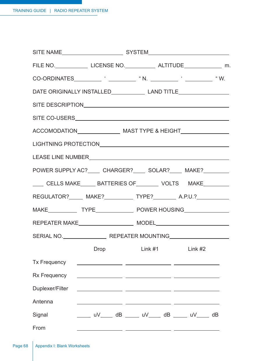 Repeater site data form | Codan Radio Radio Repeater Systems Training Guide User Manual | Page 76 / 88