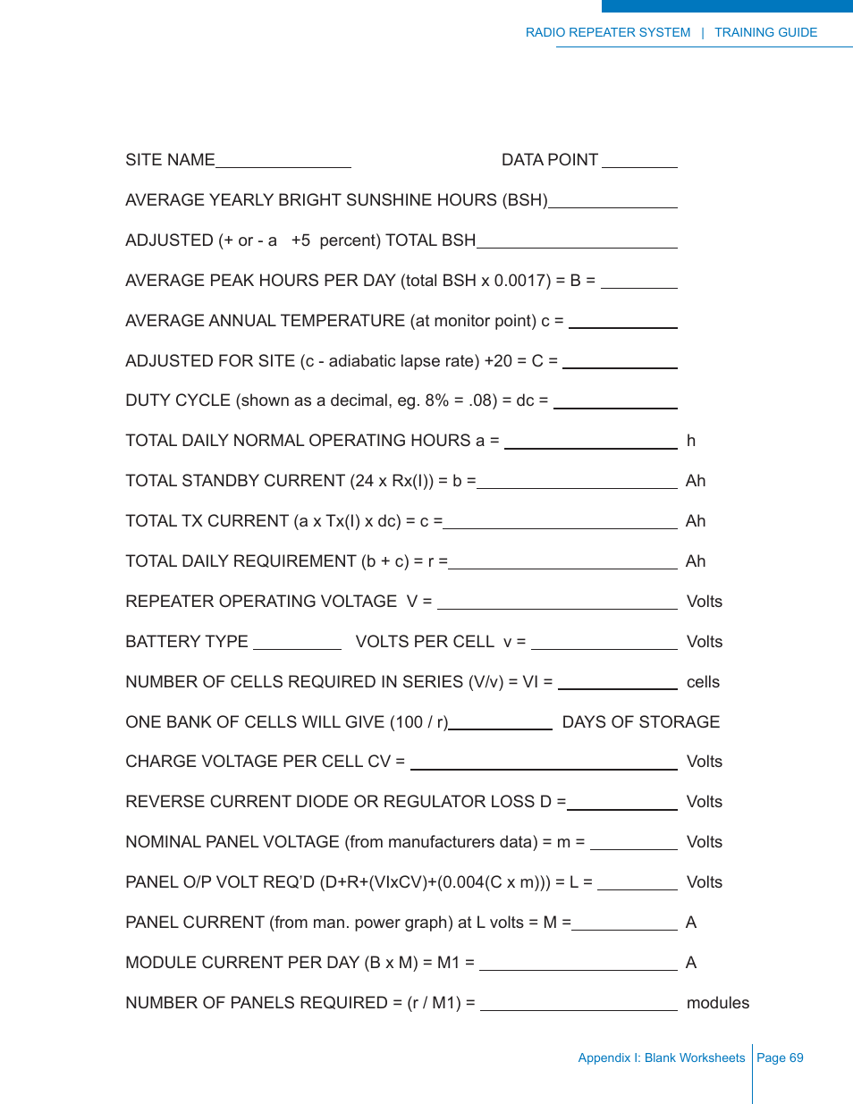 Solar sizing worksheet | Codan Radio Radio Repeater Systems Training Guide User Manual | Page 77 / 88