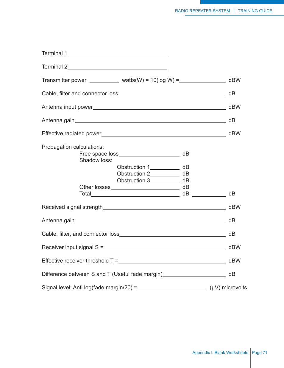 Path calculation worksheet | Codan Radio Radio Repeater Systems Training Guide User Manual | Page 79 / 88