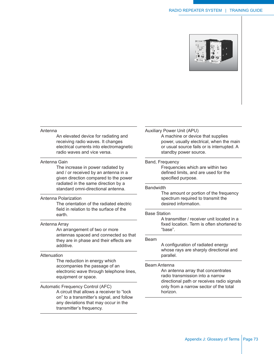 Appendix j: glossary of terms | Codan Radio Radio Repeater Systems Training Guide User Manual | Page 81 / 88