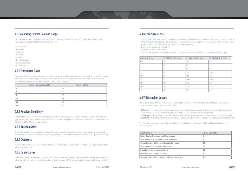 6 free space loss, 7 obstruction losses, 3 calculating system gain and range | 1 transmitter gains, 2 receiver sensitivity, 3 antenna gains, 4 duplexers, 5 cable losses | Codan Radio Transportable Radio Systems User Guide User Manual | Page 17 / 27
