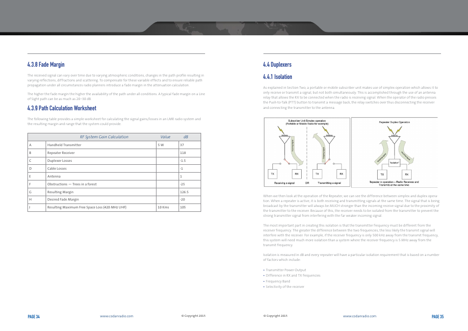 8 fade margin, 9 path calculation worksheet, 4 duplexers 4.4.1 isolation | Codan Radio Transportable Radio Systems User Guide User Manual | Page 18 / 27
