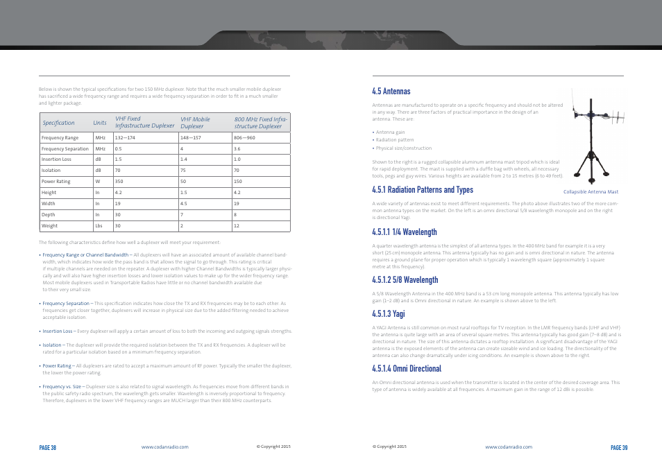 5 antennas, 1 radiation patterns and types, 1 1/4 wavelength | 2 5/8 wavelength, 3 yagi, 4 omni directional | Codan Radio Transportable Radio Systems User Guide User Manual | Page 20 / 27