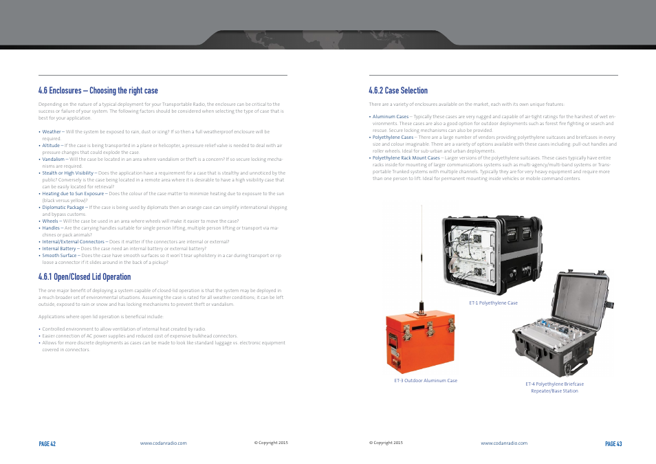 2 case selection, 6 enclosures – choosing the right case, 1 open/closed lid operation | Codan Radio Transportable Radio Systems User Guide User Manual | Page 22 / 27