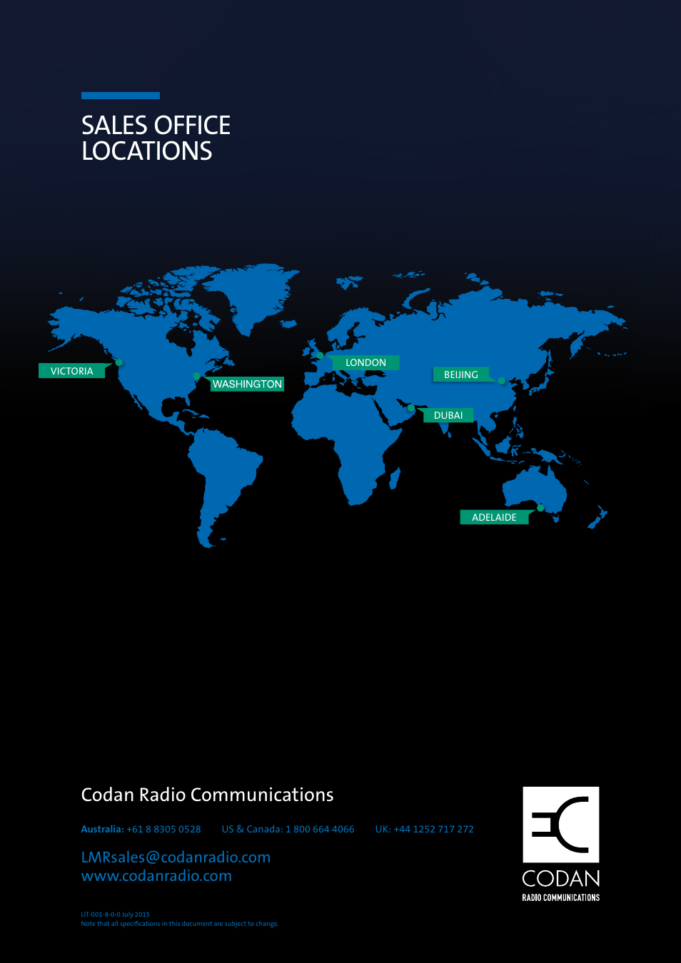 Sales office locations, Codan radio communications | Codan Radio Transportable Radio Systems User Guide User Manual | Page 27 / 27