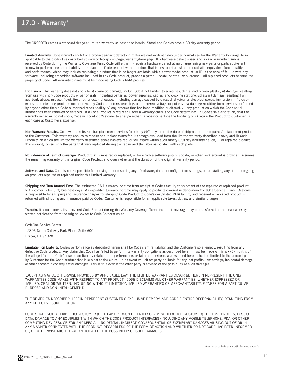 0 - warranty | Code CR900FD User Manual | Page 11 / 11