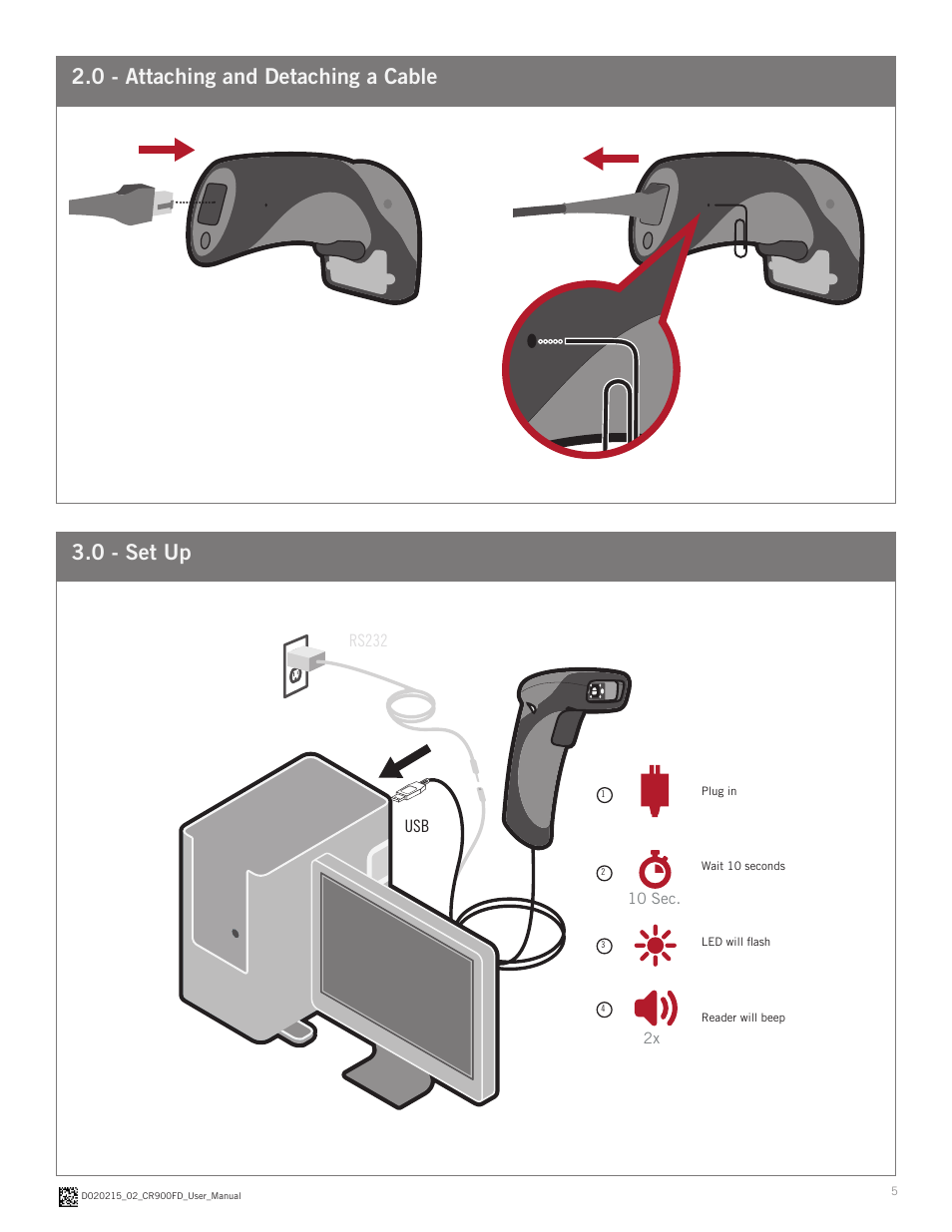 0 - attaching and detaching a cable 3.0 - set up, Rs232 usb | Code CR900FD User Manual | Page 5 / 11