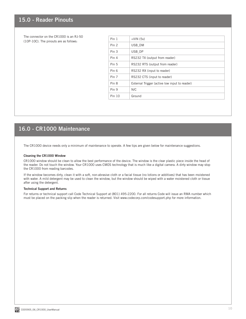 0 - reader pinouts | Code CR1000 User Manual | Page 10 / 11