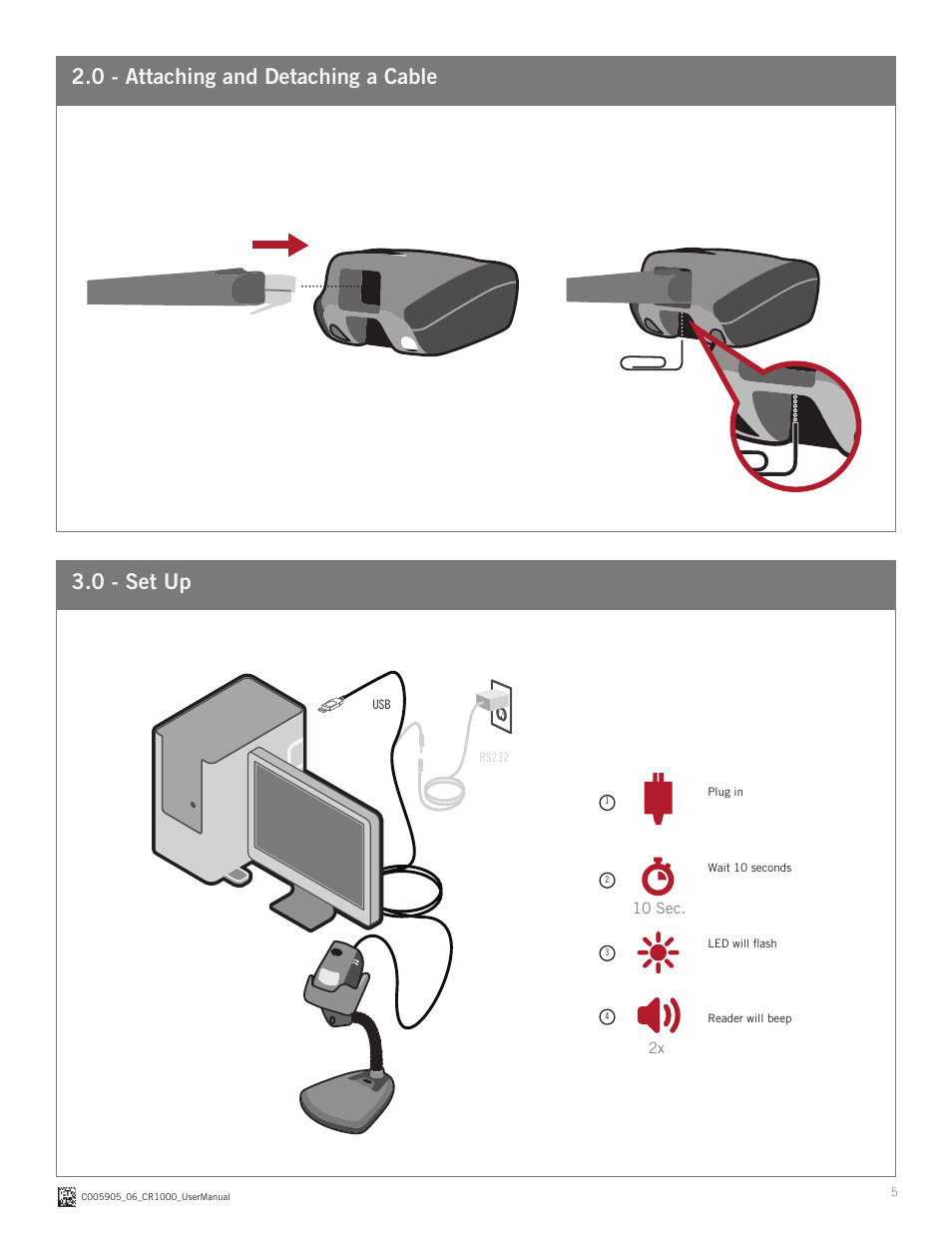 0 - attaching and detaching a cable 3.0 - set up | Code CR1000 User Manual | Page 5 / 11