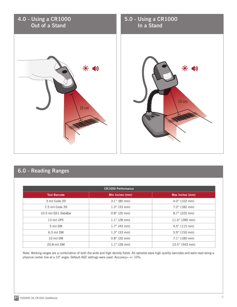 0 - reading ranges, 10 cm | Code CR1000 User Manual | Page 6 / 11
