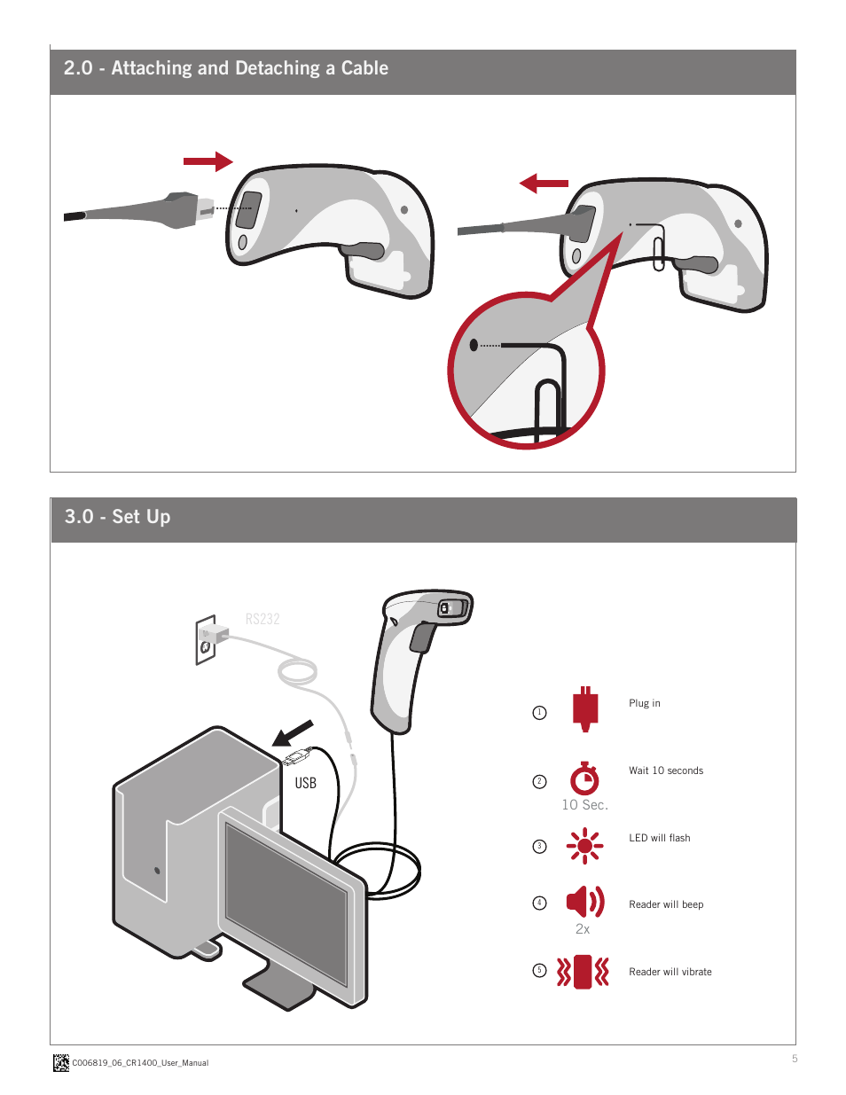 0 - attaching and detaching a cable 3.0 - set up, Rs232 usb | Code CR1400 User Manual | Page 5 / 11