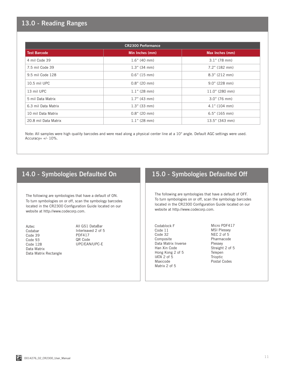 0 - reading ranges | Code CR2300 User Manual | Page 11 / 14