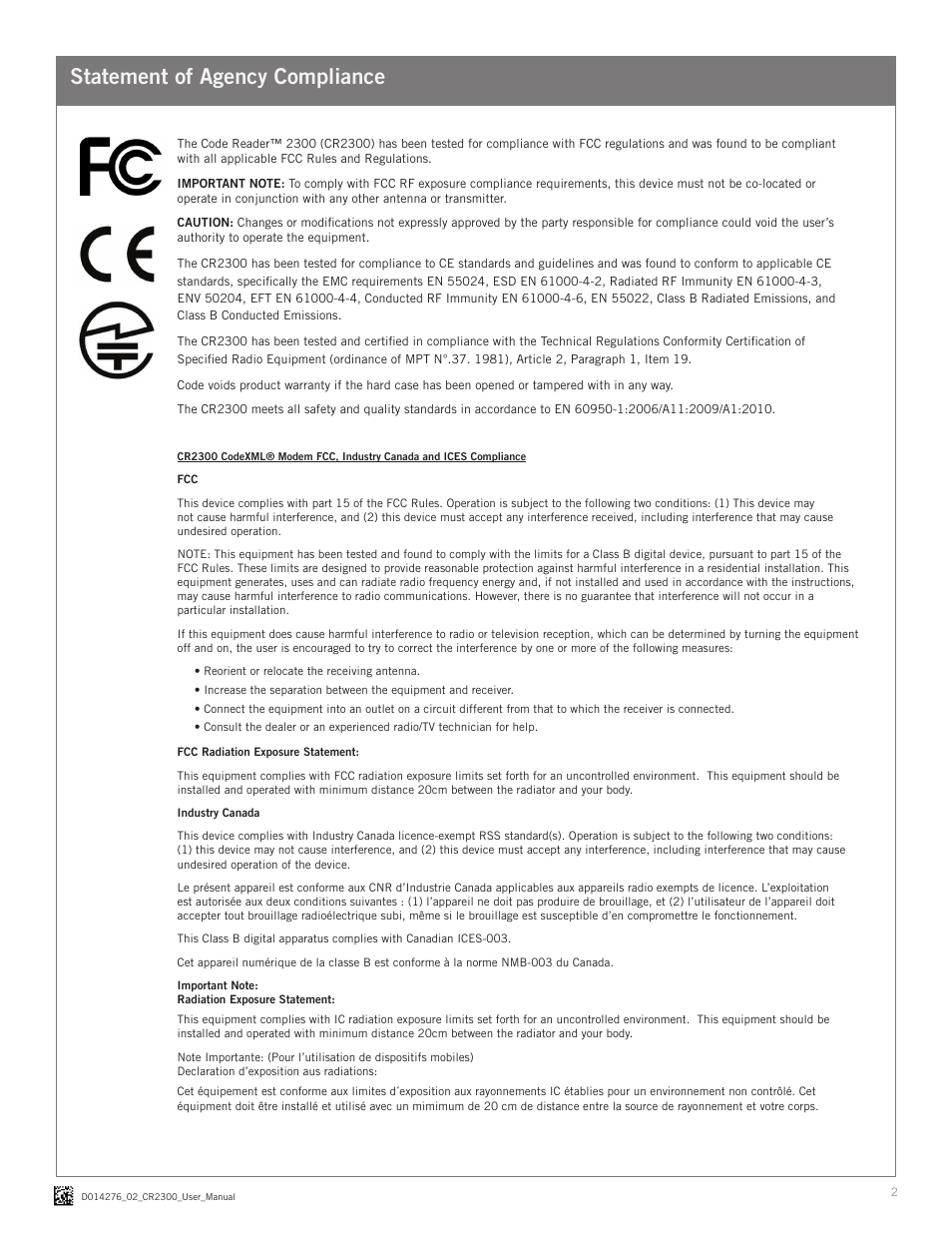 Statement of agency compliance | Code CR2300 User Manual | Page 2 / 14