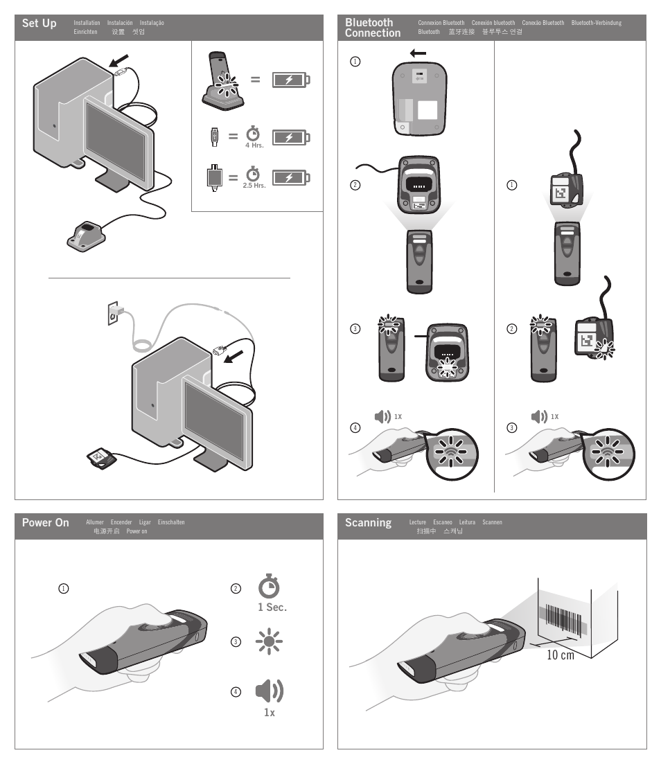 10 cm, Scanning, Power on | Set up bluetooth connection | Code CR2300 Quick Start User Manual | Page 2 / 2