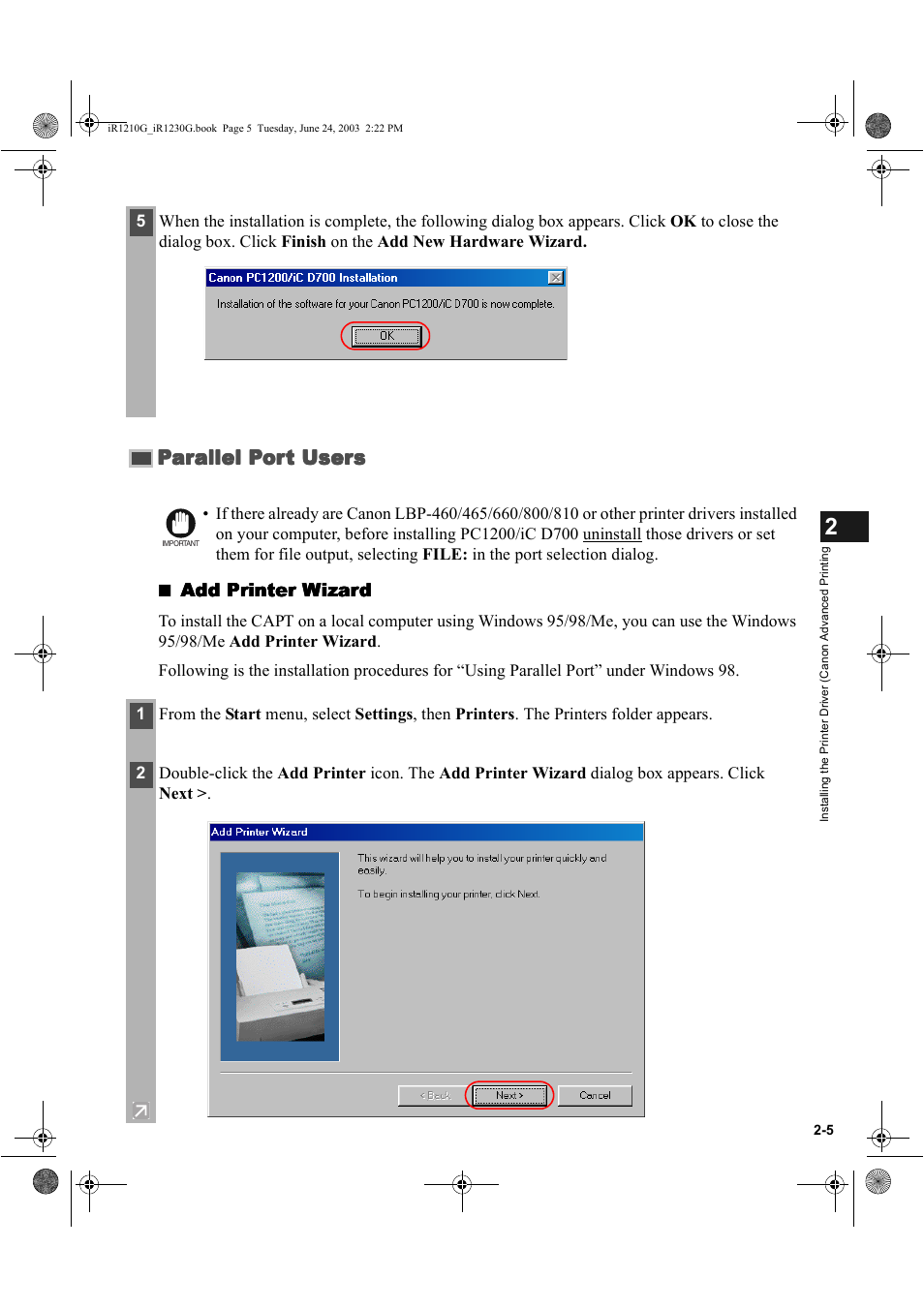 Parallel port users, Add printer wizard | Canon IMAGECLASS D700 User Manual | Page 16 / 113