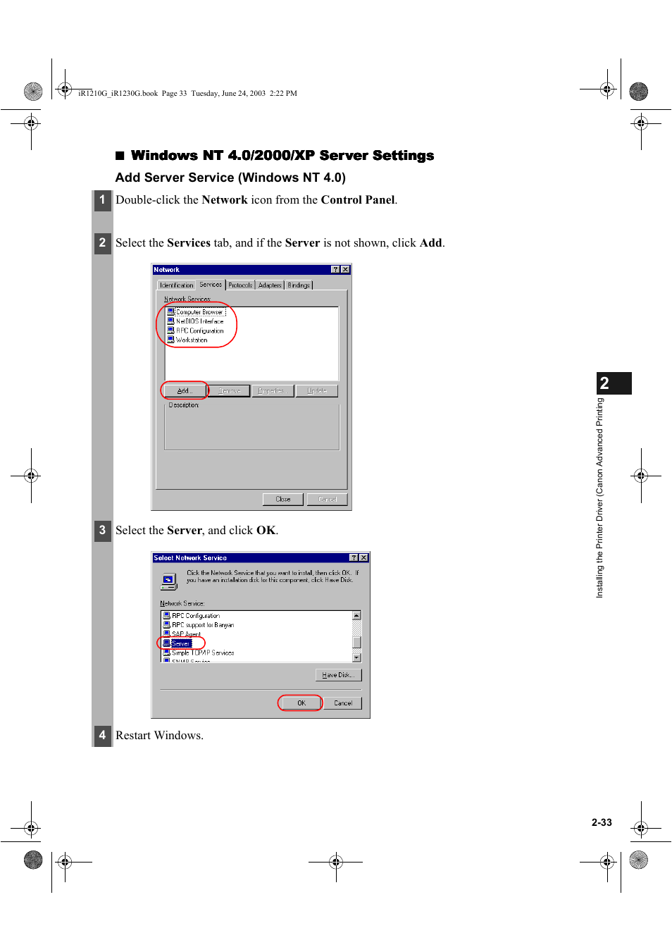 Add server service (windows nt 4.0) | Canon IMAGECLASS D700 User Manual | Page 44 / 113