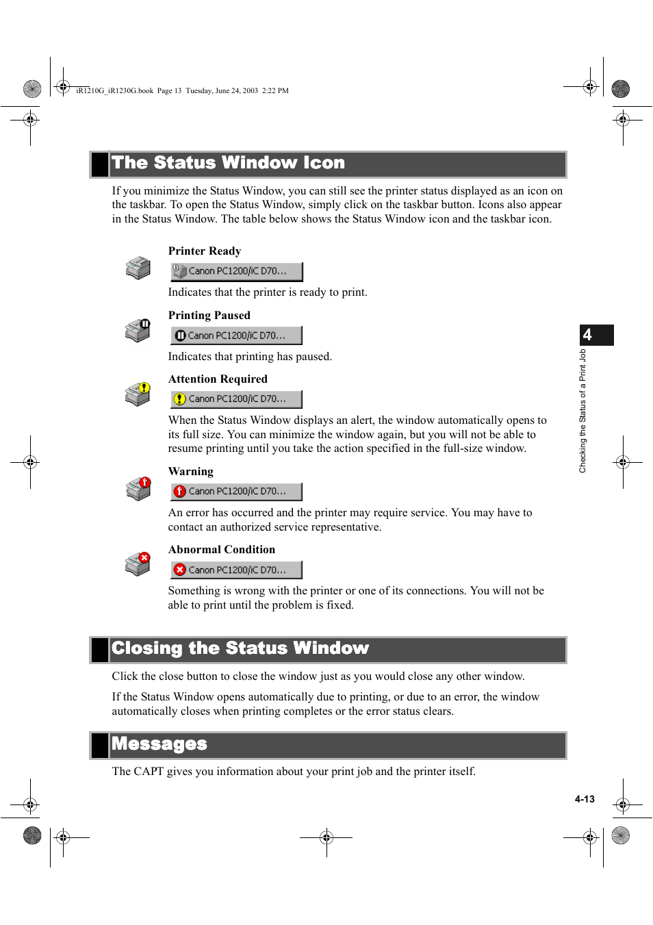 The status window icon, Closing the status window | Canon IMAGECLASS D700 User Manual | Page 90 / 113