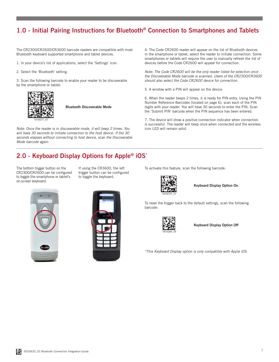 0 - keyboard display options for apple, 0 - initial pairing instructions for bluetooth, Connection to smartphones and tablets | Code CR2300 Bluetooth Connection User Manual | Page 3 / 11