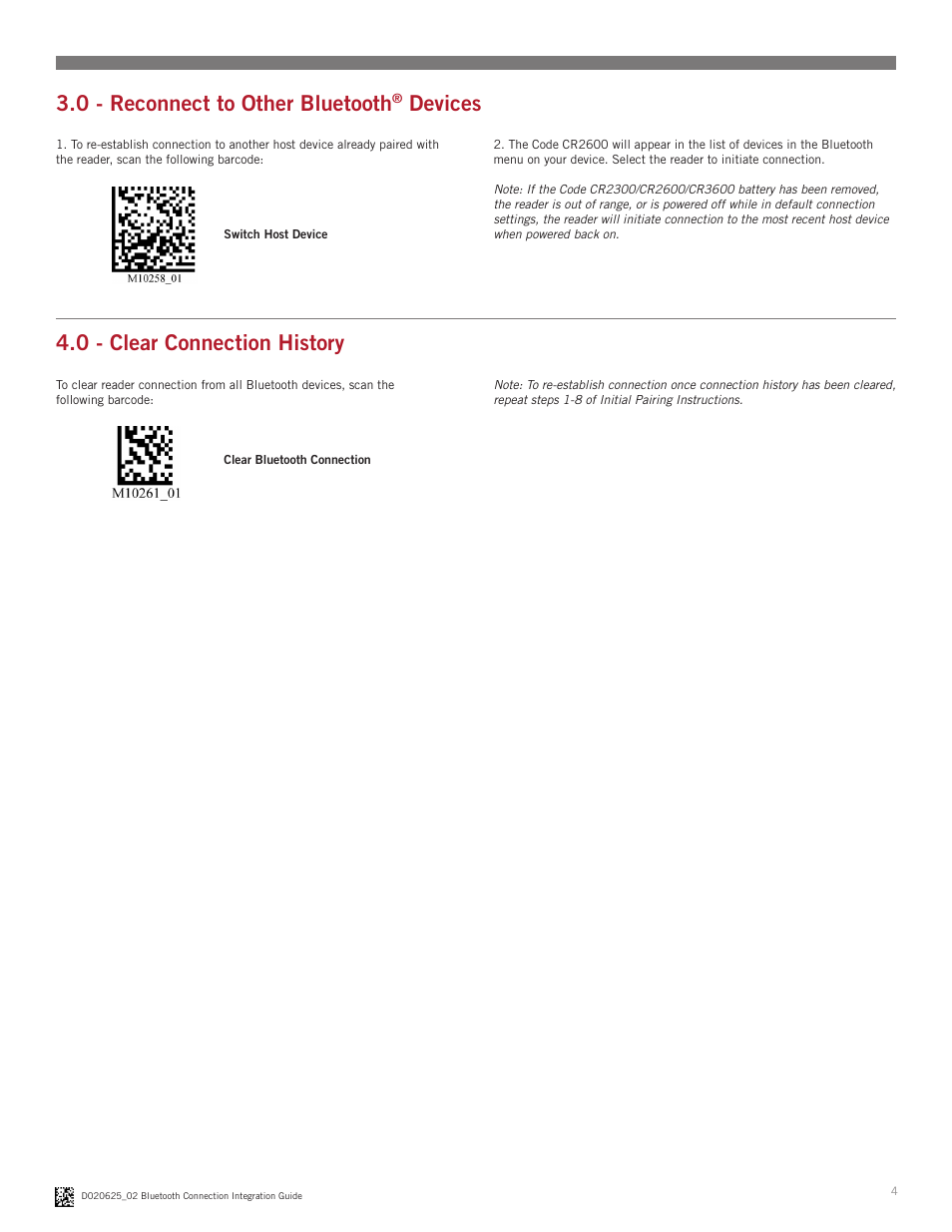 0 - reconnect to other bluetooth, Devices 4.0 - clear connection history | Code CR2300 Bluetooth Connection User Manual | Page 4 / 11