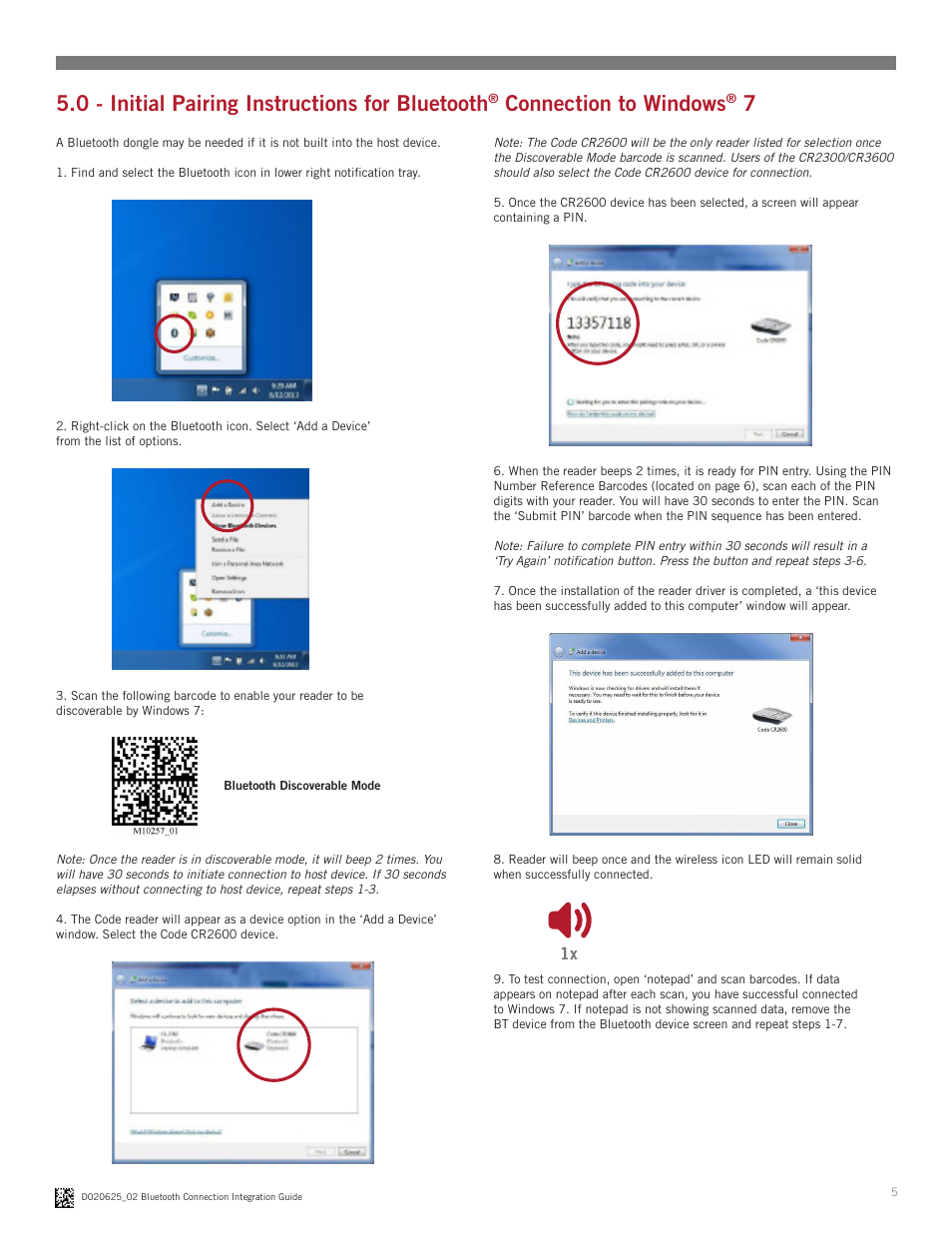 0 - initial pairing instructions for bluetooth, Connection to windows | Code CR2300 Bluetooth Connection User Manual | Page 5 / 11