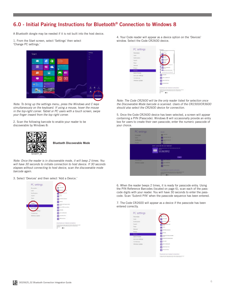 0 - initial pairing instructions for bluetooth, Connection to windows 8 | Code CR2300 Bluetooth Connection User Manual | Page 6 / 11