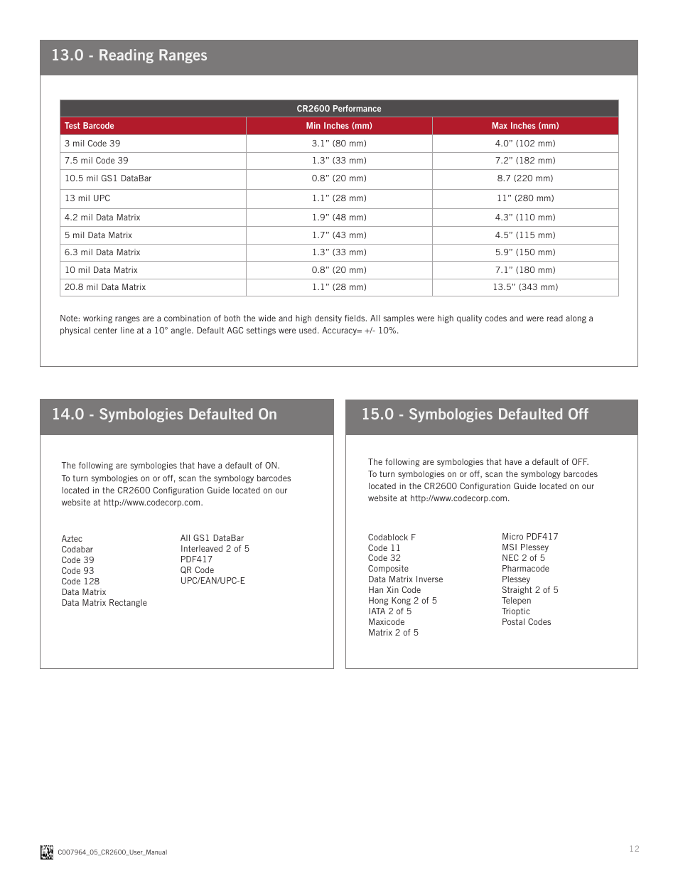 0 - reading ranges | Code CR2600 User Manual | Page 12 / 16