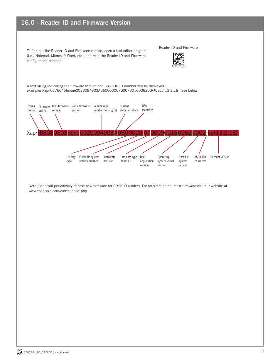 0 - reader id and firmware version | Code CR2600 User Manual | Page 13 / 16