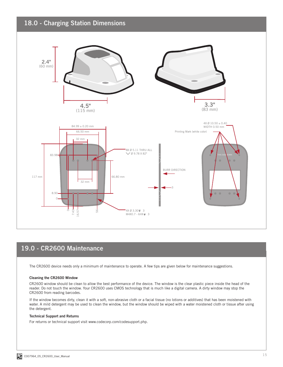 0 - charging station dimensions | Code CR2600 User Manual | Page 15 / 16