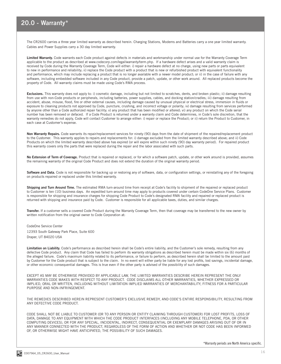 0 - warranty | Code CR2600 User Manual | Page 16 / 16