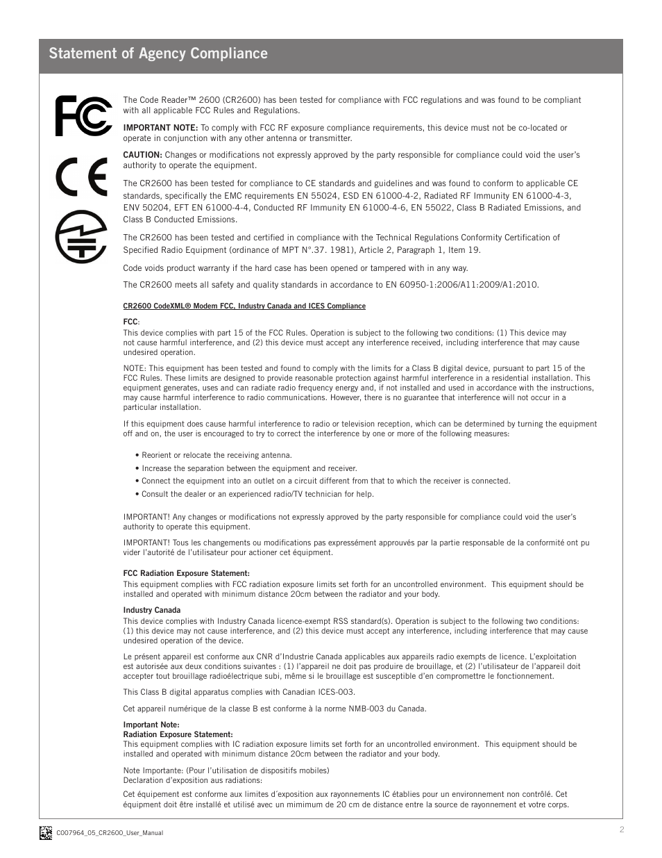 Statement of agency compliance | Code CR2600 User Manual | Page 2 / 16