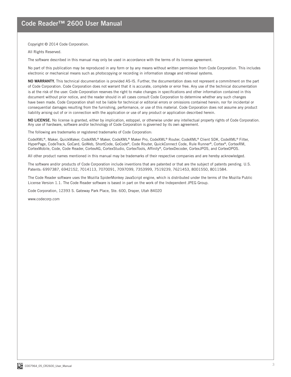 Code reader™ 2600 user manual | Code CR2600 User Manual | Page 3 / 16