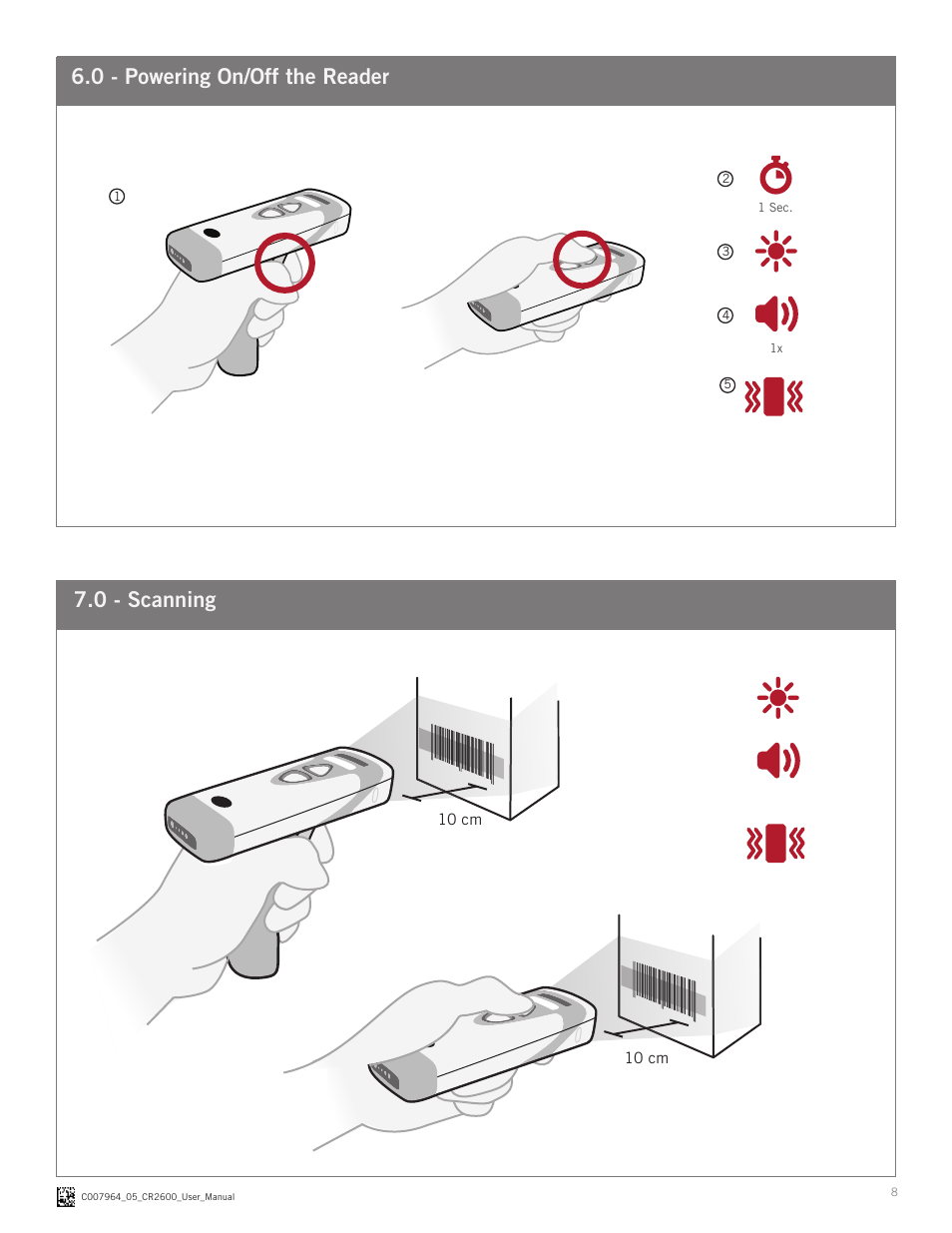 0 - scanning 6.0 - powering on/off the reader | Code CR2600 User Manual | Page 8 / 16