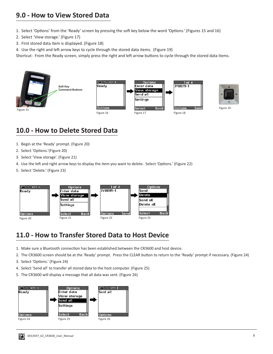 0 - how to view stored data, 0 - how to delete stored data, 0 - how to transfer stored data to host device | Code CR3600 User Manual | Page 10 / 24