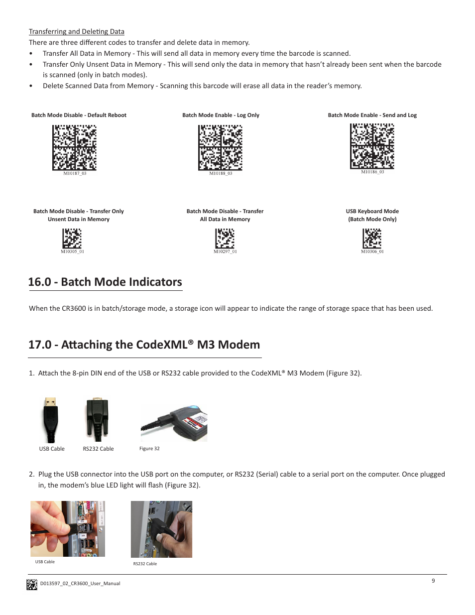 0 - attaching the codexml® m3 modem, 0 - batch mode indicators | Code CR3600 User Manual | Page 13 / 24
